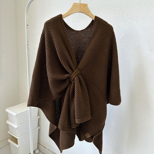 Coffee Brown Luxurious Faux Cashmere Knitted Cape - Large Buckled 90 x 140 cm Women's Versatile Shawl