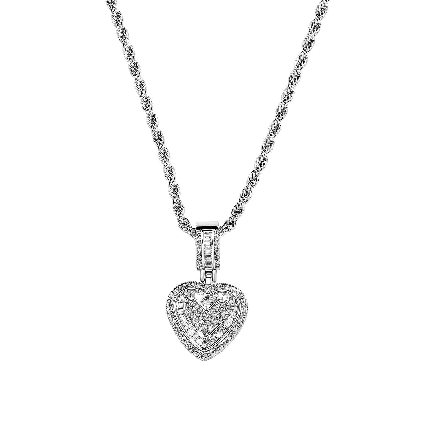 Iced Out Heart Pendant Necklace - 5A+ CZ Stones, 14K Gold Plated with Rope Chain(Silver)