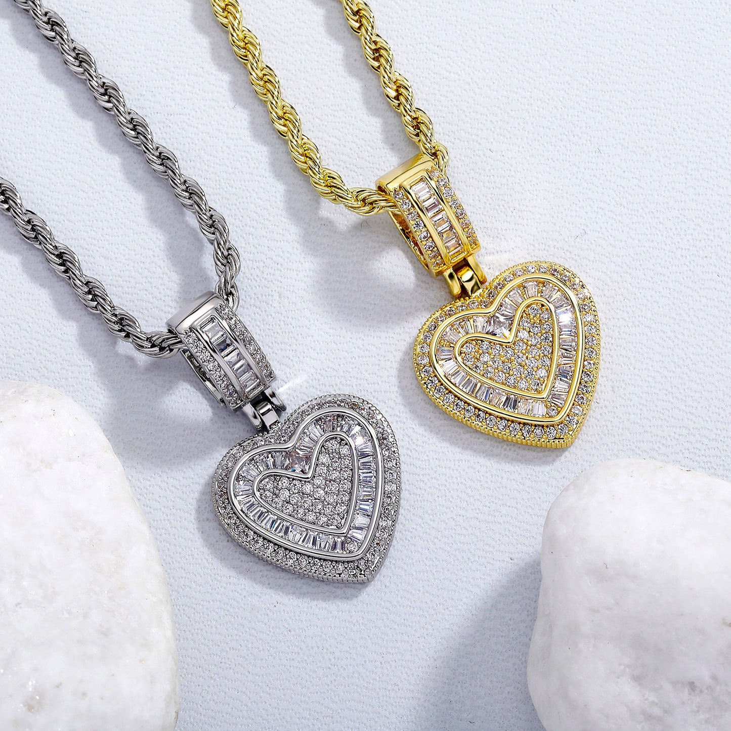 Iced Out Heart Pendant Necklace - 5A+ CZ Stones, 14K Gold Plated with Rope Chain(Silver)