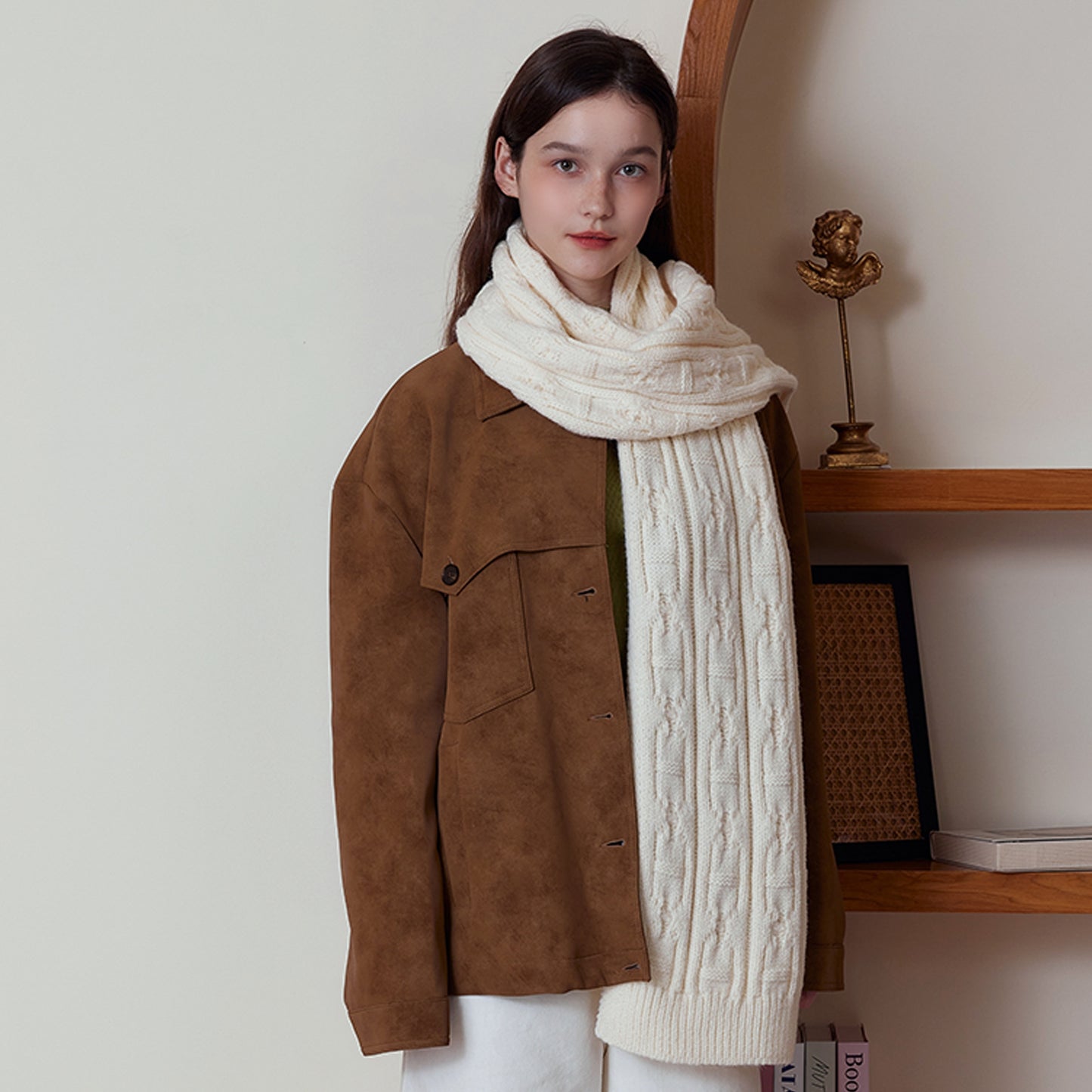 White Classic Textured Knit Scarf - Solid Color, Premium Soft Feel, Winter (176x26.5cm)