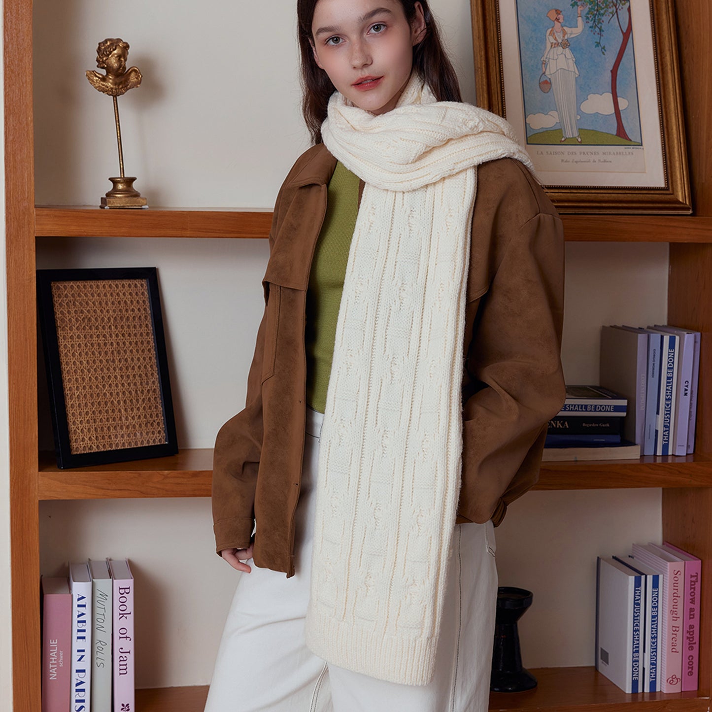 White Classic Textured Knit Scarf - Solid Color, Premium Soft Feel, Winter (176x26.5cm)