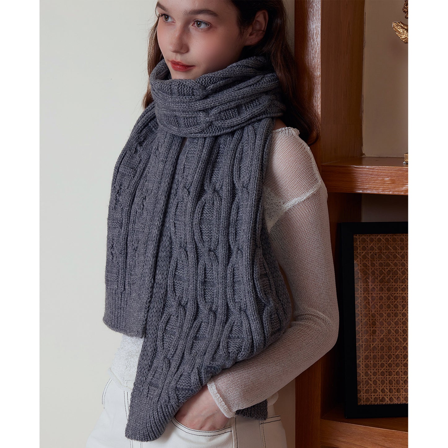Gray Classic Textured Knit Scarf - Solid Color, Premium Soft Feel, Winter (176x26.5cm)