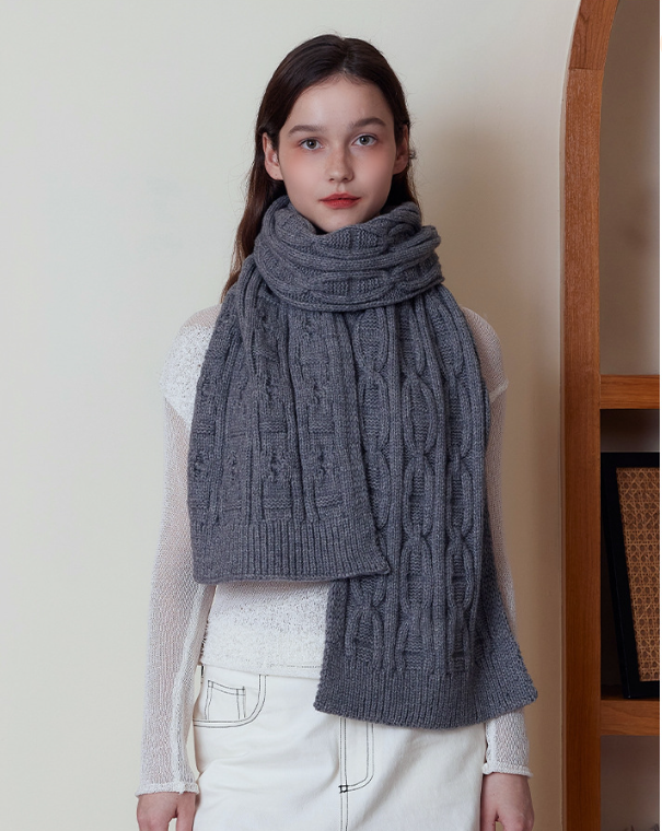 Gray Classic Textured Knit Scarf - Solid Color, Premium Soft Feel, Winter (176x26.5cm)