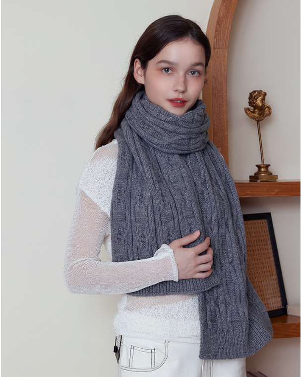 Gray Classic Textured Knit Scarf - Solid Color, Premium Soft Feel, Winter (176x26.5cm)