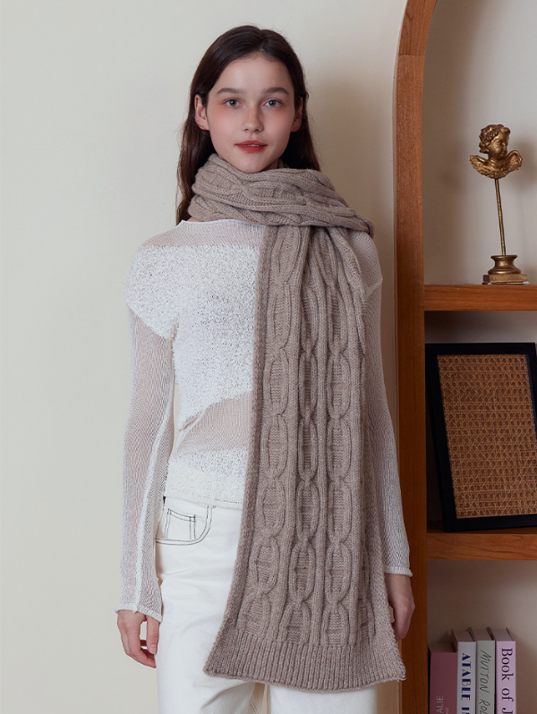 Khaki Classic Textured Knit Scarf - Solid Color, Premium Soft Feel, Winter (176x26.5cm)