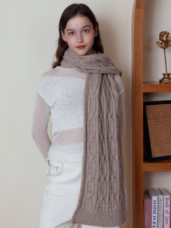 Khaki Classic Textured Knit Scarf - Solid Color, Premium Soft Feel, Winter (176x26.5cm)