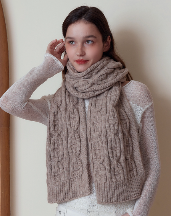 Khaki Classic Textured Knit Scarf - Solid Color, Premium Soft Feel, Winter (176x26.5cm)