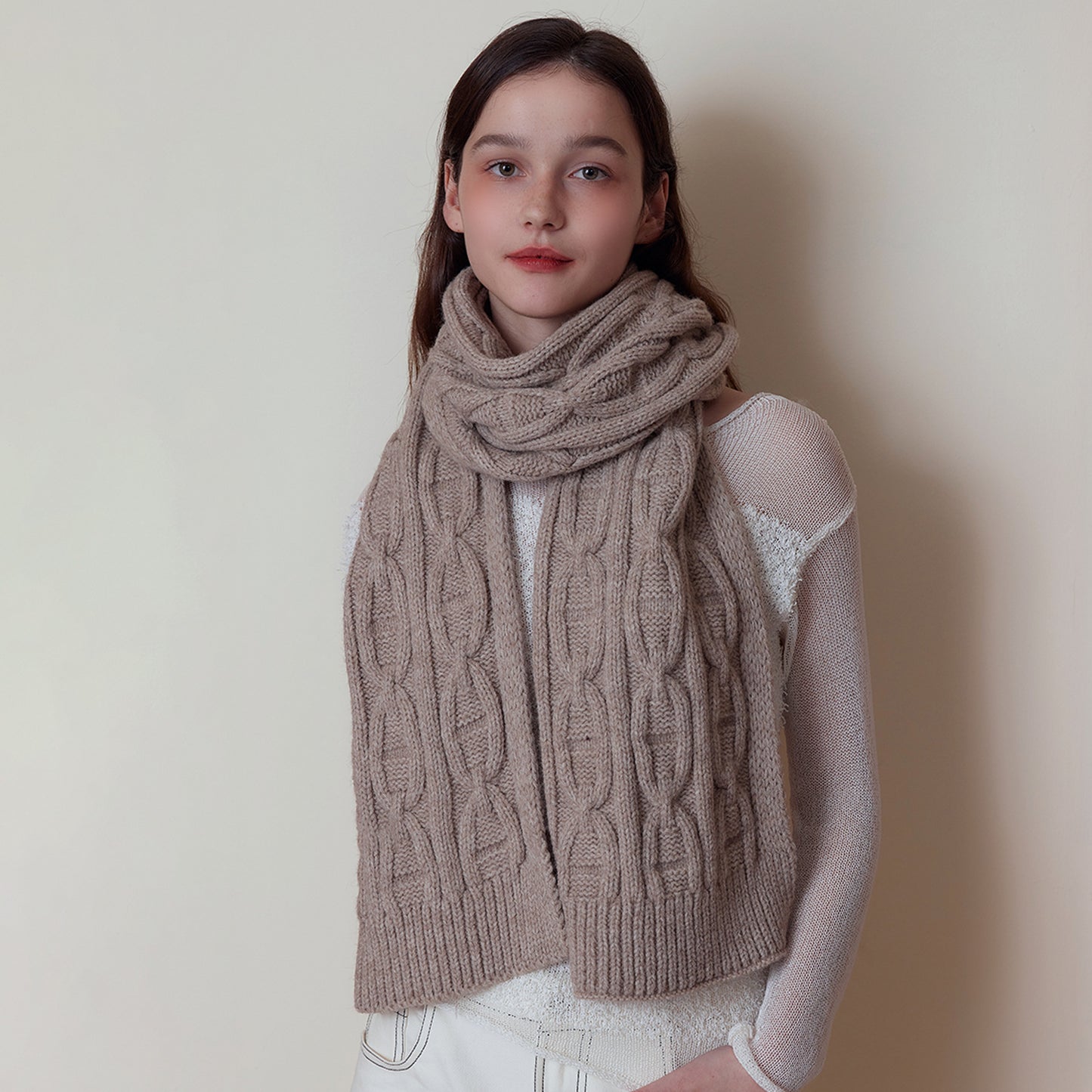 Khaki Classic Textured Knit Scarf - Solid Color, Premium Soft Feel, Winter (176x26.5cm)