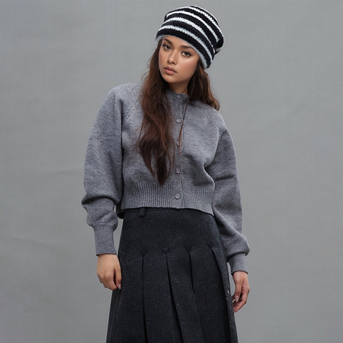 Trendy Dual-Tone Striped Beanie - Soft Plush Knit, Versatile Winter Cap (Black and white)