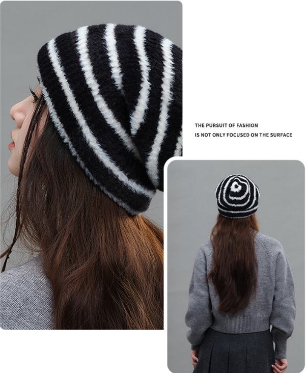 Trendy Dual-Tone Striped Beanie - Soft Plush Knit, Versatile Winter Cap (Black and white)