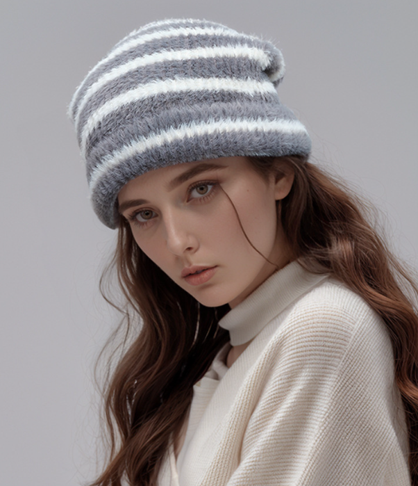 Trendy Dual-Tone Striped Beanie - Soft Plush Knit, Versatile Winter Cap (Gray and white)
