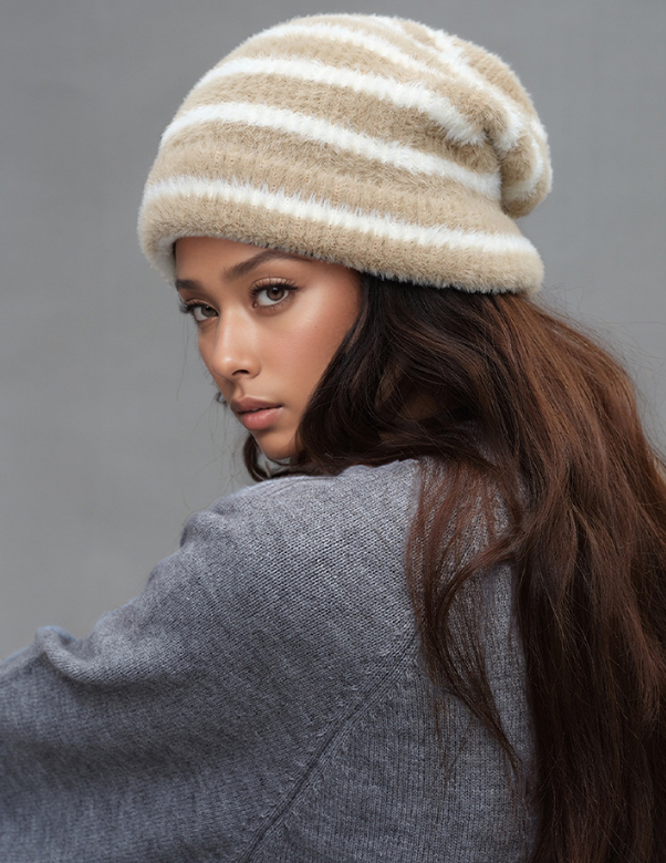 Trendy Dual-Tone Striped Beanie - Soft Plush Knit, Versatile Winter Cap (Khaki and white)