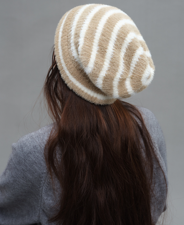 Trendy Dual-Tone Striped Beanie - Soft Plush Knit, Versatile Winter Cap (Khaki and white)