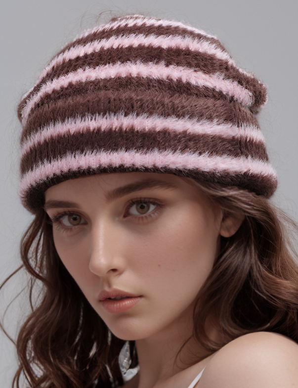 Trendy Dual-Tone Striped Beanie - Soft Plush Knit, Versatile Winter Cap (Pink and brown)