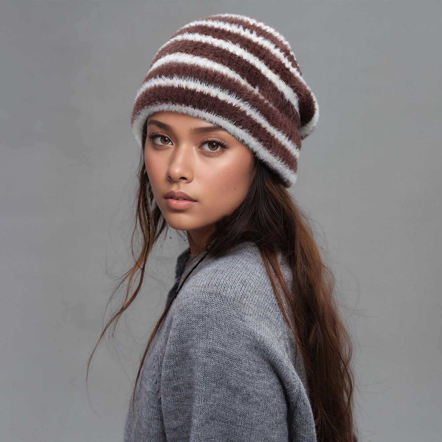 Trendy Dual-Tone Striped Beanie - Soft Plush Knit, Versatile Winter Cap (Brown and white)