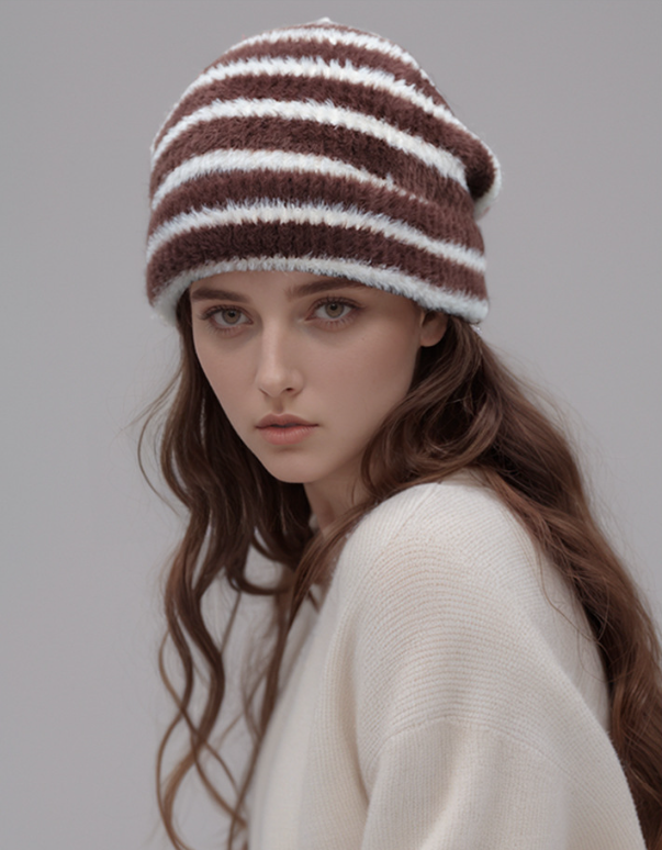 Trendy Dual-Tone Striped Beanie - Soft Plush Knit, Versatile Winter Cap (Brown and white)