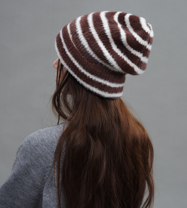 Trendy Dual-Tone Striped Beanie - Soft Plush Knit, Versatile Winter Cap (Brown and white)
